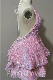 Vestido corto de fiesta FannyWe con escote en V, lentejuelas y capas, color rosa, estilo halter, estilo formal